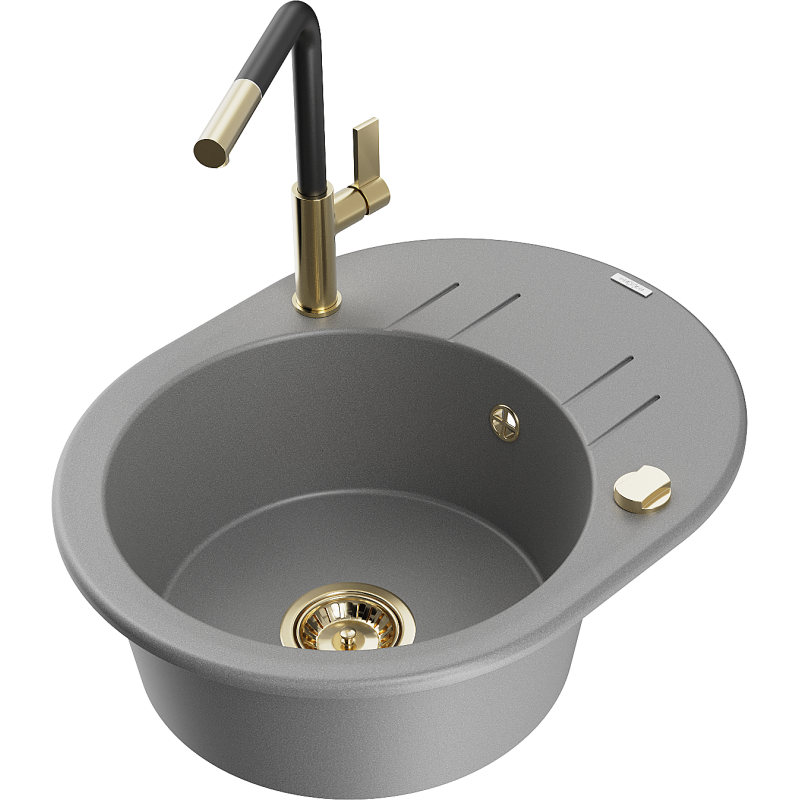 Mexen Kevin 1-compartment granite sink with a drip tray and kitchen mixer tap Flora, Grey - 6517-71-670401-57-G