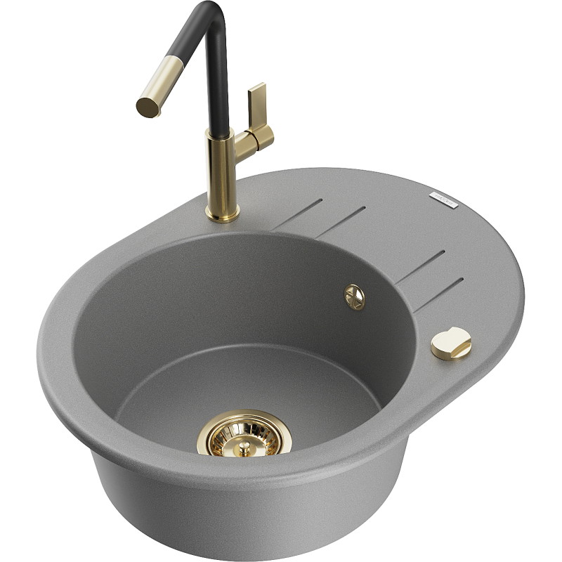 Mexen Kevin granite kitchen sink 1-bowl with drainer and Flora faucet, gray - 6517-71-670401-57-G