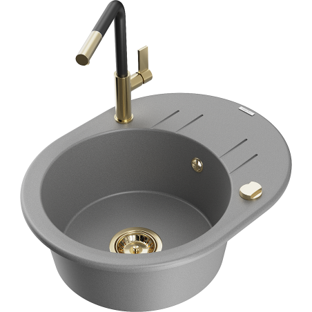 Mexen Kevin 1-bowl granite sink with drainer and Flora kitchen faucet, gray - 6517-71-670401-57-G