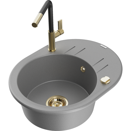 Mexen Kevin granite kitchen sink 1-bowl with drainer and Flora faucet, gray - 6517-71-670401-57-G