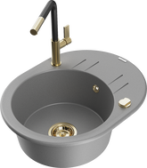 Mexen Kevin 1-bowl granite sink with drainer and Flora kitchen faucet, gray - 6517-71-670401-57-G