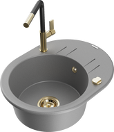 Mexen Kevin 1-compartment granite sink with a drip tray and kitchen mixer tap Flora, Grey - 6517-71-670401-57-G