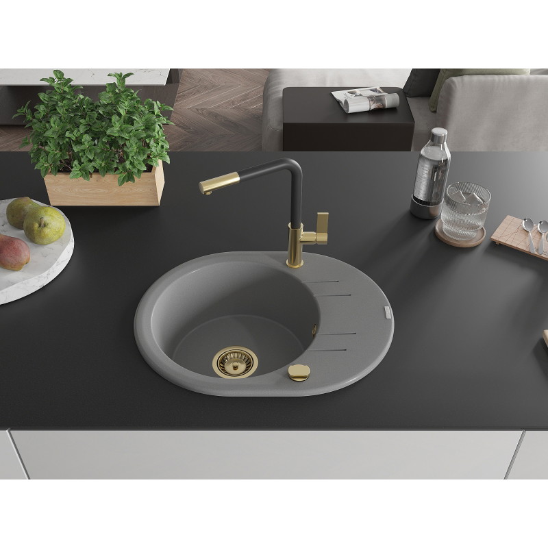Mexen Kevin 1-bowl granite sink with drainer and Flora kitchen faucet, gray - 6517-71-670401-57-G