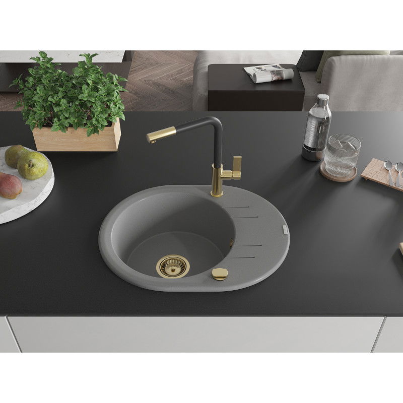 Mexen Kevin granite sink 1-bowl with drainer and Flora kitchen tap, grey - 6517-71-670401-57-G