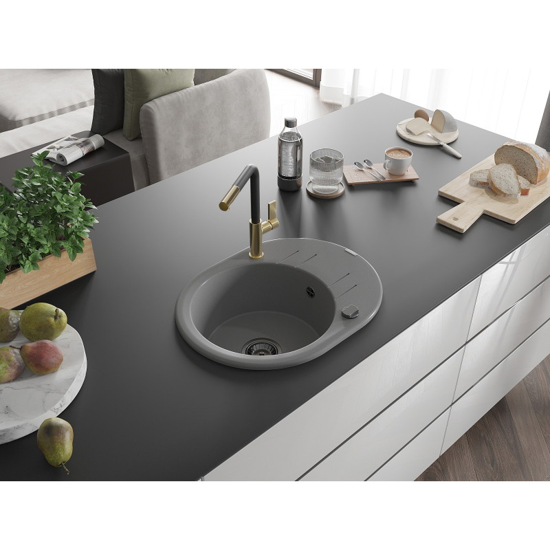 Mexen Kevin 1-bowl granite sink with drainer and Flora kitchen faucet, gray - 6517-71-670401-57-B