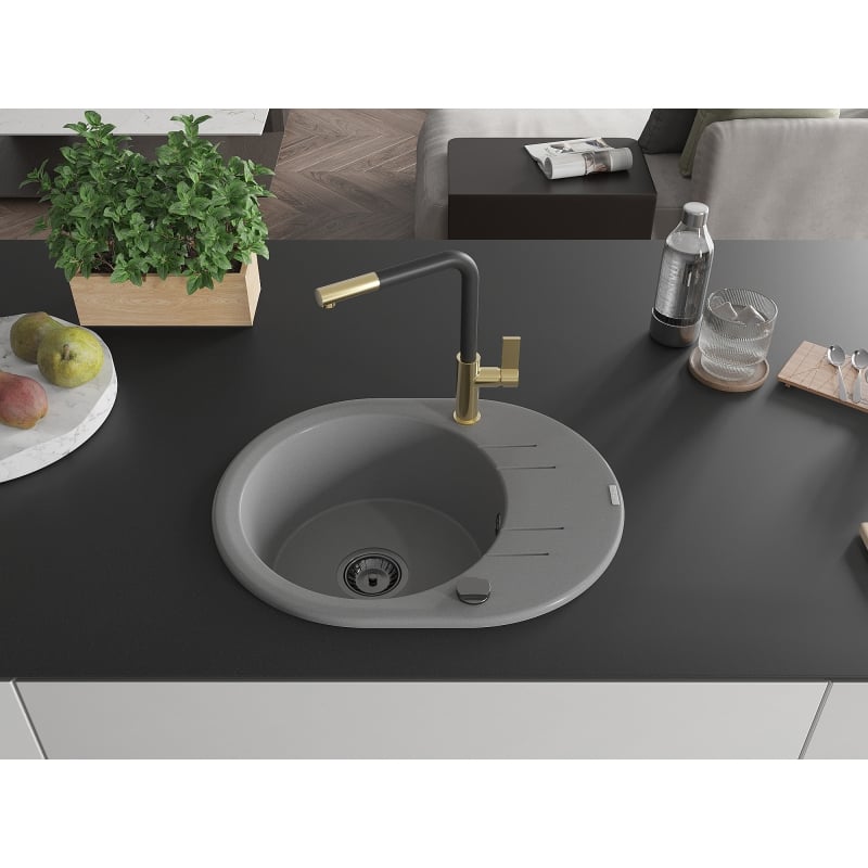 Mexen Kevin granite kitchen sink single-bowl with drainer and kitchen faucet Flora, gray - 6517-71-670401-57-B