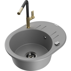 Mexen Kevin 1-compartment granite sink with a drip tray and kitchen mixer tap Flora, Grey - 6517-71-670401-57-B