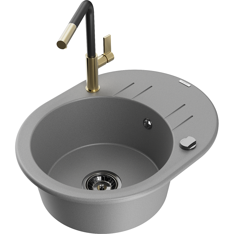 Mexen Kevin 1-compartment granite sink with a drip tray and kitchen mixer tap Flora, Grey - 6517-71-670401-57-B