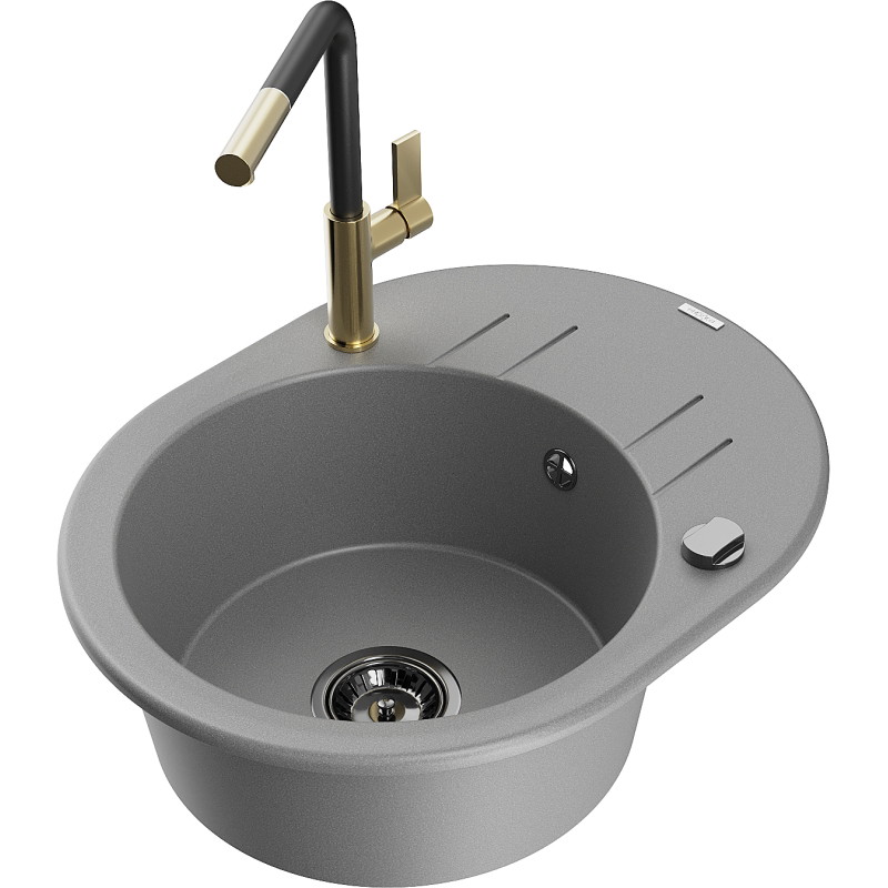 Mexen Kevin granite kitchen sink single-bowl with drainer and kitchen faucet Flora, gray - 6517-71-670401-57-B