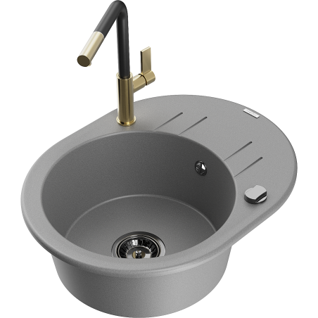 Mexen Kevin 1-bowl granite sink with drainer and Flora kitchen tap, grey - 6517-71-670401-57-B