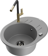 Mexen Kevin 1-compartment granite sink with a drip tray and kitchen mixer tap Flora, Grey - 6517-71-670401-57-B
