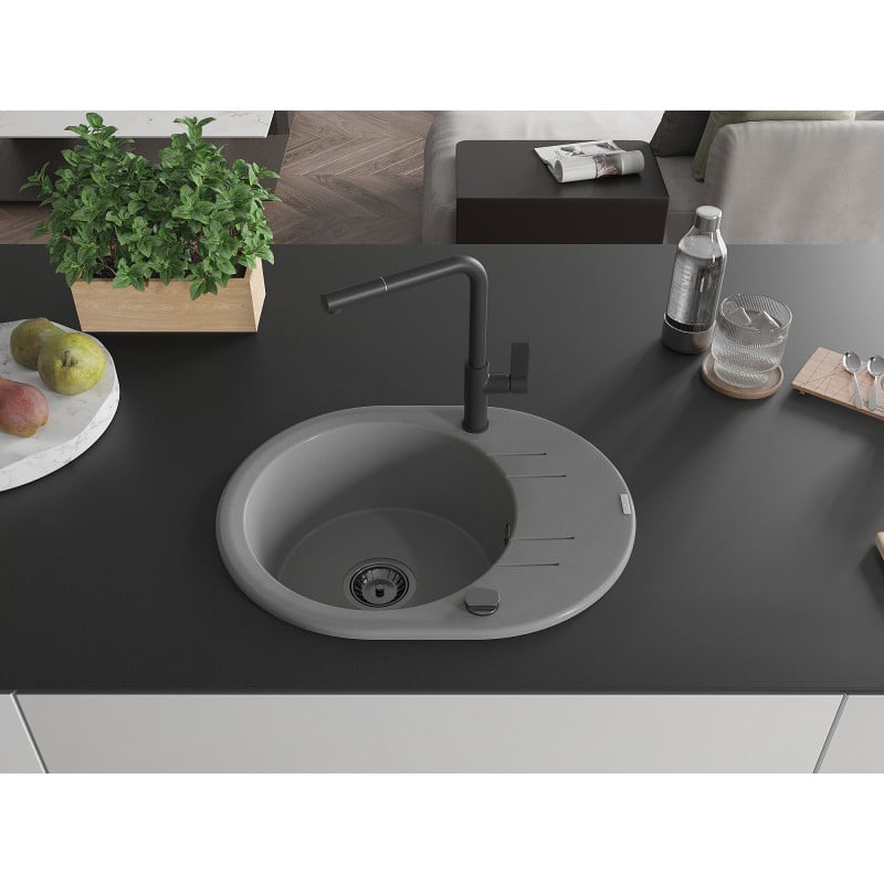 Mexen Kevin granite 1-bowl sink with drainer and Flora kitchen tap, grey - 6517-71-670401-70-B