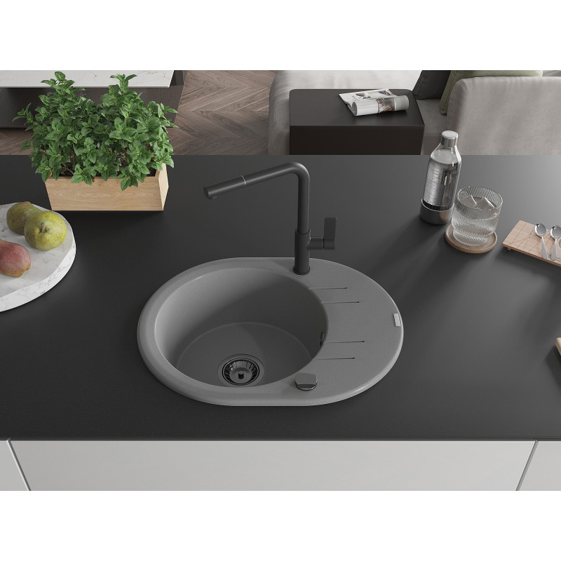 Mexen Kevin granite sink 1-bowl with drainer and Flora kitchen faucet, gray - 6517-71-670401-70-B