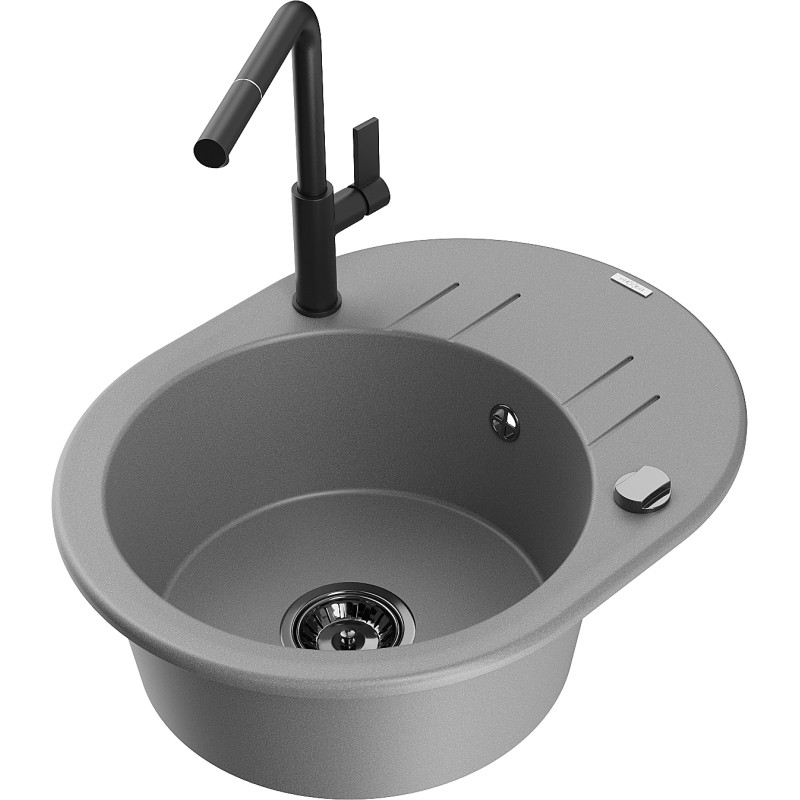 Mexen Kevin granite sink 1-bowl with drainer and Flora kitchen faucet, gray - 6517-71-670401-70-B