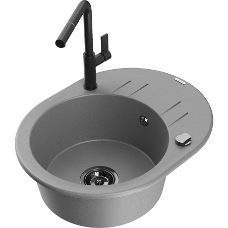 Mexen Kevin granite sink 1-bowl with drainer and Flora kitchen faucet, gray - 6517-71-670401-70-B