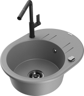 Mexen Kevin granite sink 1-bowl with drainer and Flora kitchen faucet, gray - 6517-71-670401-70-B