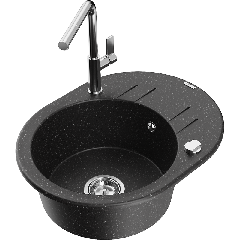 Mexen Kevin 1-bowl granite sink with drainer and Flora kitchen tap, black/silver metallic - 6517-73-670401-00