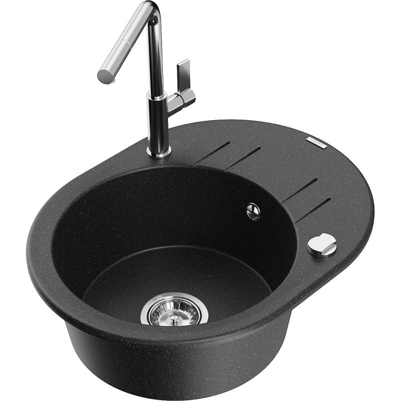 Mexen Kevin 1-compartment granite sink with a drip tray and kitchen mixer tap Flora, Black/Silver metallic - 6517-73-670401-00