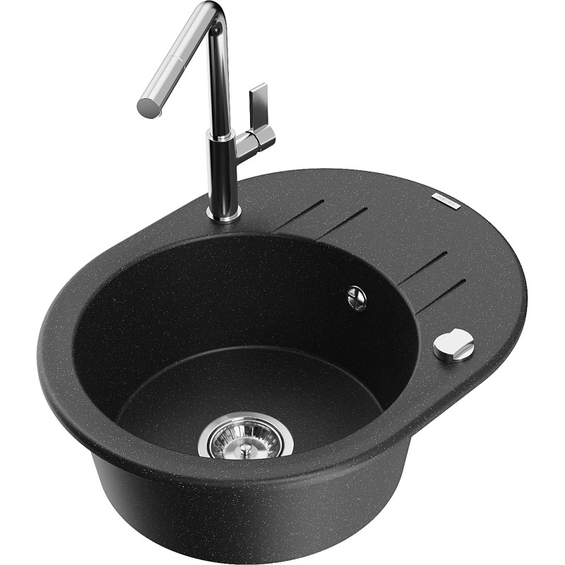 Mexen Kevin granite sink 1-bowl with drainer and Flora kitchen faucet, black/silver metallic - 6517-73-670401-00