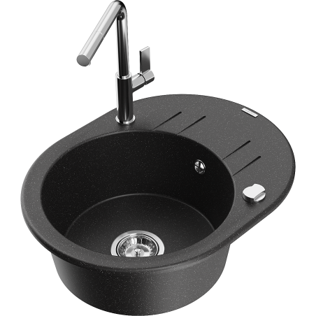 Mexen Kevin granite sink 1-bowl with drainer and Flora kitchen faucet, black/silver metallic - 6517-73-670401-00