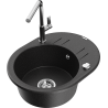 Mexen Kevin granite sink 1-bowl with drainer and Flora kitchen faucet, black/silver metallic - 6517-73-670401-00