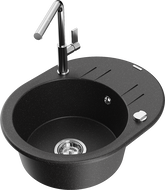 Mexen Kevin 1-bowl granite sink with drainer and Flora kitchen tap, black/silver metallic - 6517-73-670401-00