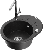 Mexen Kevin granite sink 1-bowl with drainer and Flora kitchen faucet, black/silver metallic - 6517-73-670401-00