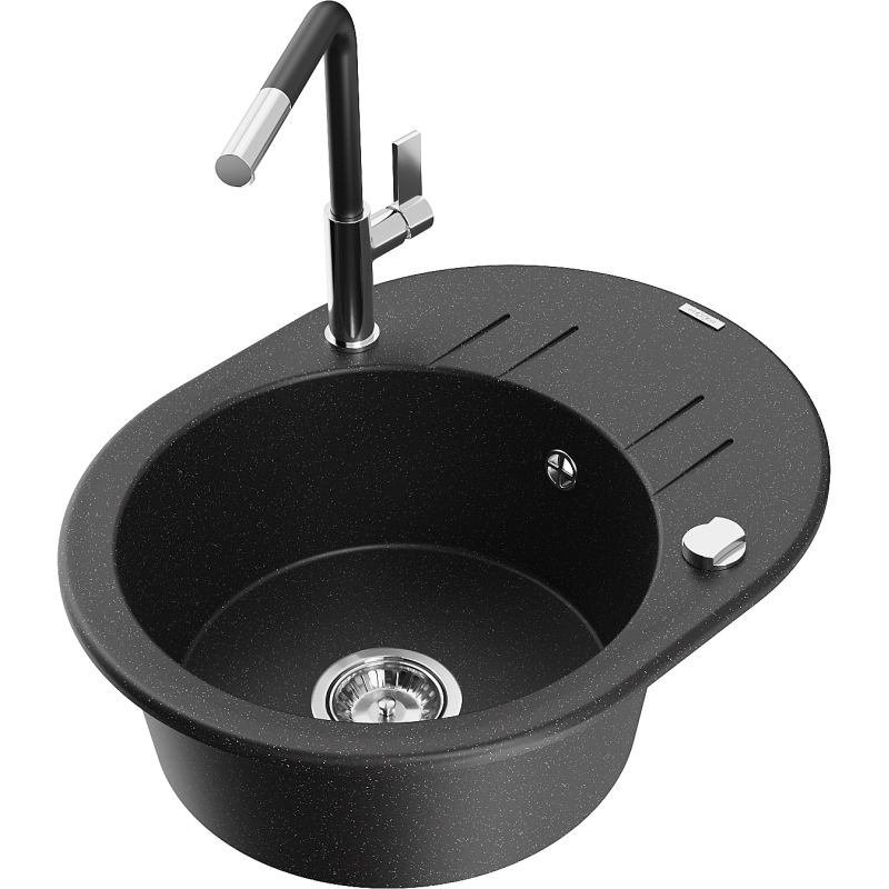 Mexen Kevin 1-compartment granite sink with a drip tray and kitchen mixer tap Flora, Black/Silver metallic - 6517-73-670401-07