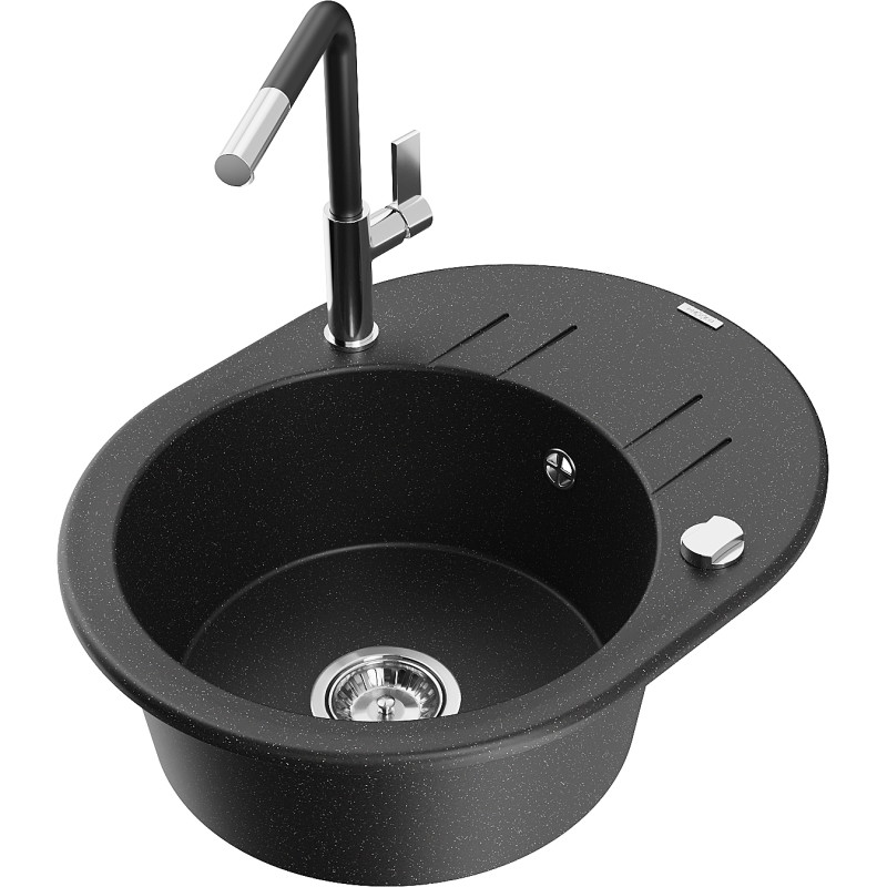 Mexen Kevin granite sink 1-bowl with drainer and Flora kitchen faucet, black/silver metallic - 6517-73-670401-07