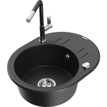 Mexen Kevin 1-bowl granite sink with drainer and Flora kitchen tap, black/silver metallic - 6517-73-670401-07