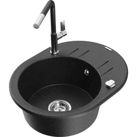 Mexen Kevin granite kitchen sink 1-bowl with drainer and Flora kitchen faucet, black/silver metallic - 6517-73-670401-07