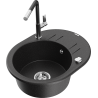 Mexen Kevin granite kitchen sink 1-bowl with drainer and Flora kitchen faucet, black/silver metallic - 6517-73-670401-07