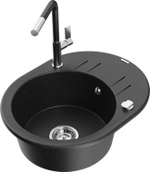 Mexen Kevin 1-bowl granite sink with drainer and Flora kitchen tap, black/silver metallic - 6517-73-670401-07