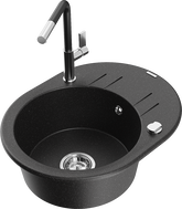 Mexen Kevin granite sink 1-bowl with drainer and Flora kitchen faucet, black/silver metallic - 6517-73-670401-07