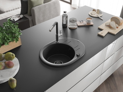Mexen Kevin granite sink with 1 basin, drainer, and Flora kitchen faucet, black/silver metallic - 6517-73-670401-07-B