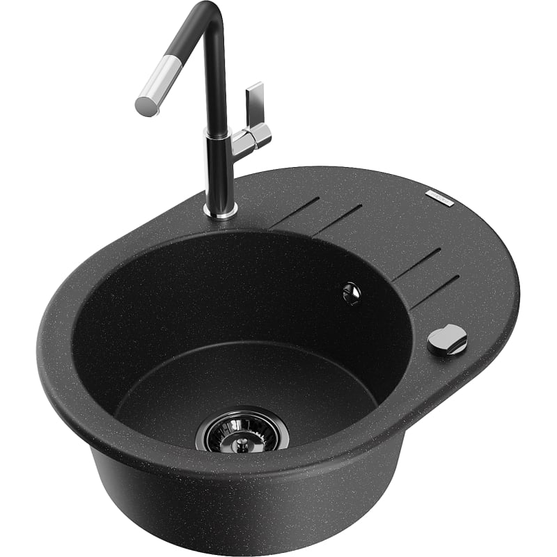 Mexen Kevin granite sink with 1 basin, drainer, and Flora kitchen faucet, black/silver metallic - 6517-73-670401-07-B