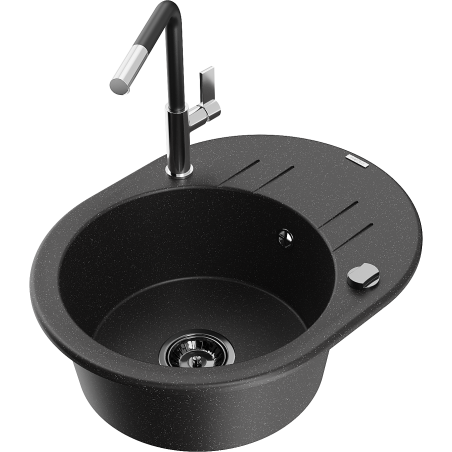 Mexen Kevin granite sink 1-bowl with drainer and Flora kitchen faucet, black/silver metallic - 6517-73-670401-07-B