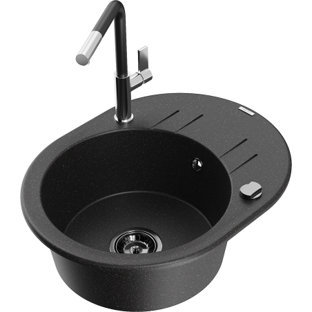 Mexen Kevin granite sink with 1 basin, drainer, and Flora kitchen faucet, black/silver metallic - 6517-73-670401-07-B