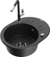 Mexen Kevin 1-compartment granite sink with a drip tray and kitchen mixer tap Flora, Black/Silver metallic - 6517-73-670401-07-B