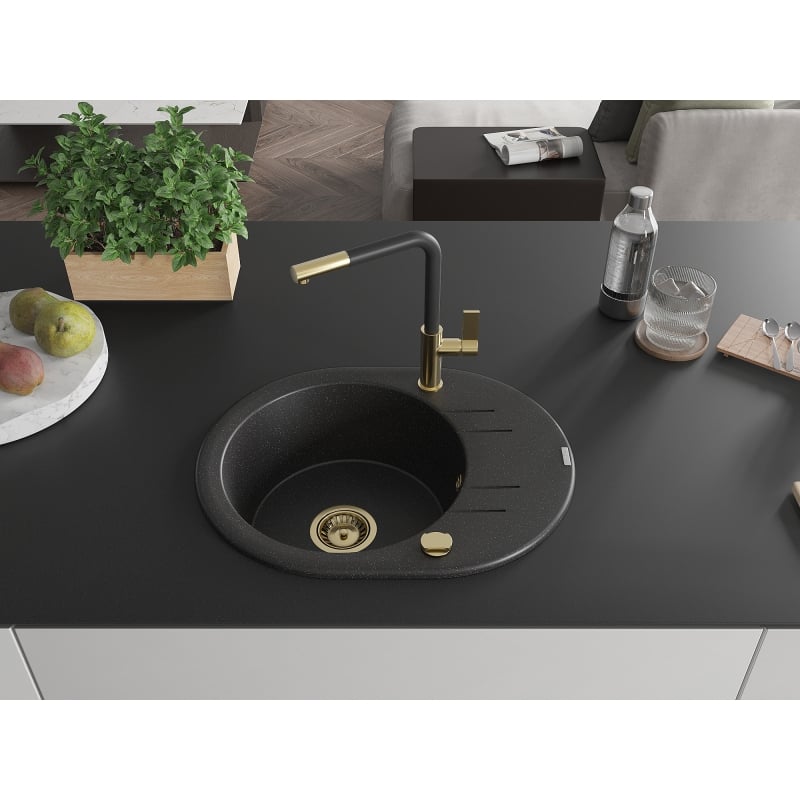Mexen Kevin 1-bowl granite sink with drainer and Flora kitchen faucet, black/silver metallic - 6517-73-670401-57-G