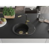 Mexen Kevin granite kitchen sink 1-bowl with drainer and Flora kitchen faucet, black/silver metallic - 6517-73-670401-57-G