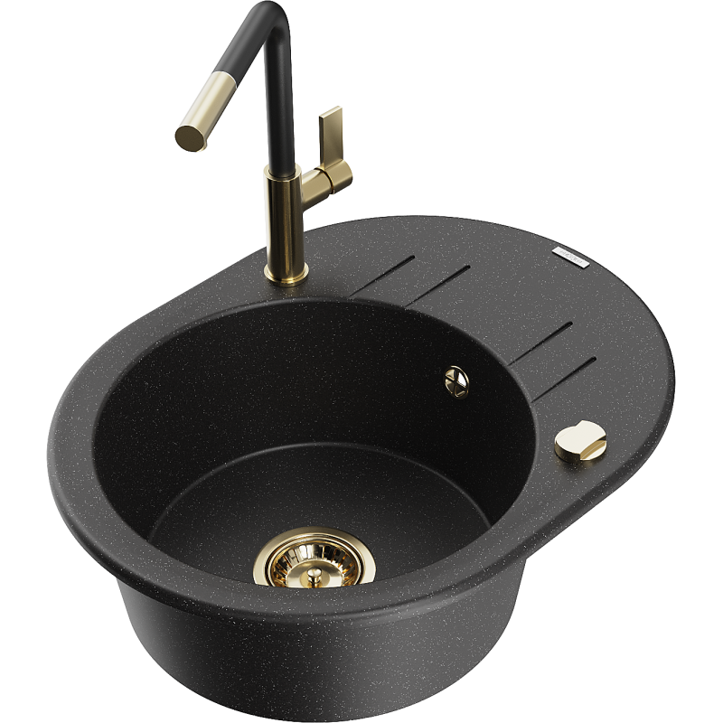 Mexen Kevin 1-bowl granite sink with drainer and Flora kitchen tap, black/silver metallic - 6517-73-670401-57-G