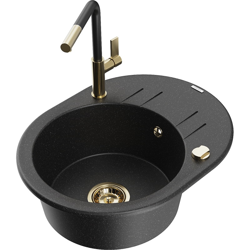 Mexen Kevin granite kitchen sink 1-bowl with drainer and Flora kitchen faucet, black/silver metallic - 6517-73-670401-57-G