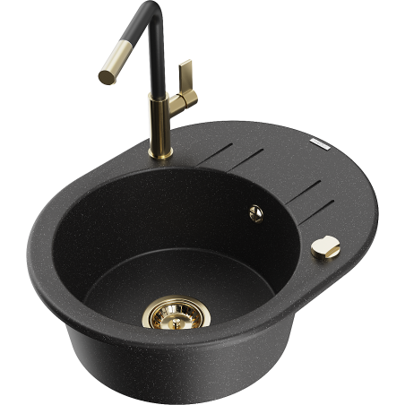 Mexen Kevin 1-bowl granite sink with drainer and Flora kitchen tap, black/silver metallic - 6517-73-670401-57-G