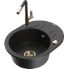 Mexen Kevin 1-bowl granite sink with drainer and Flora kitchen faucet, black/silver metallic - 6517-73-670401-57-G
