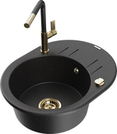Mexen Kevin 1-bowl granite sink with drainer and Flora kitchen faucet, black/silver metallic - 6517-73-670401-57-G