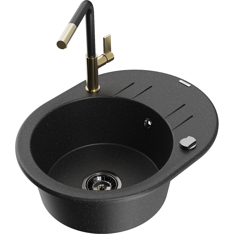 Mexen Kevin granite kitchen sink with 1 bowl, drainer, and Flora kitchen faucet, black/silver metallic - 6517-73-670401-57-B