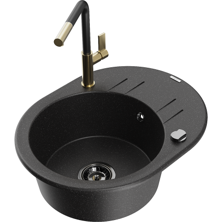 Mexen Kevin 1-bowl granite sink with drainer and Flora kitchen tap, black/silver metallic - 6517-73-670401-57-B