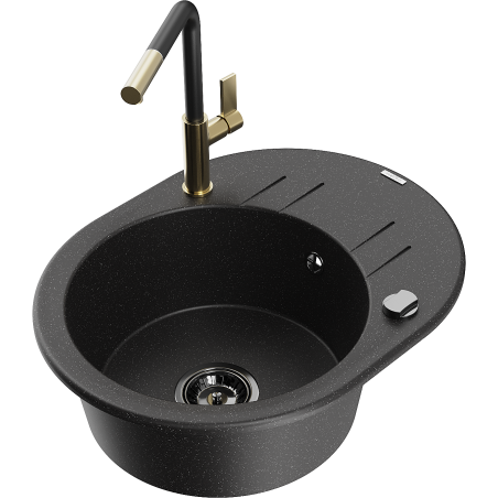 Mexen Kevin granite kitchen sink with 1 bowl, drainer, and Flora kitchen faucet, black/silver metallic - 6517-73-670401-57-B