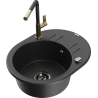 Mexen Kevin granite sink 1-bowl with drainer and Flora kitchen faucet, black/silver metallic - 6517-73-670401-57-B